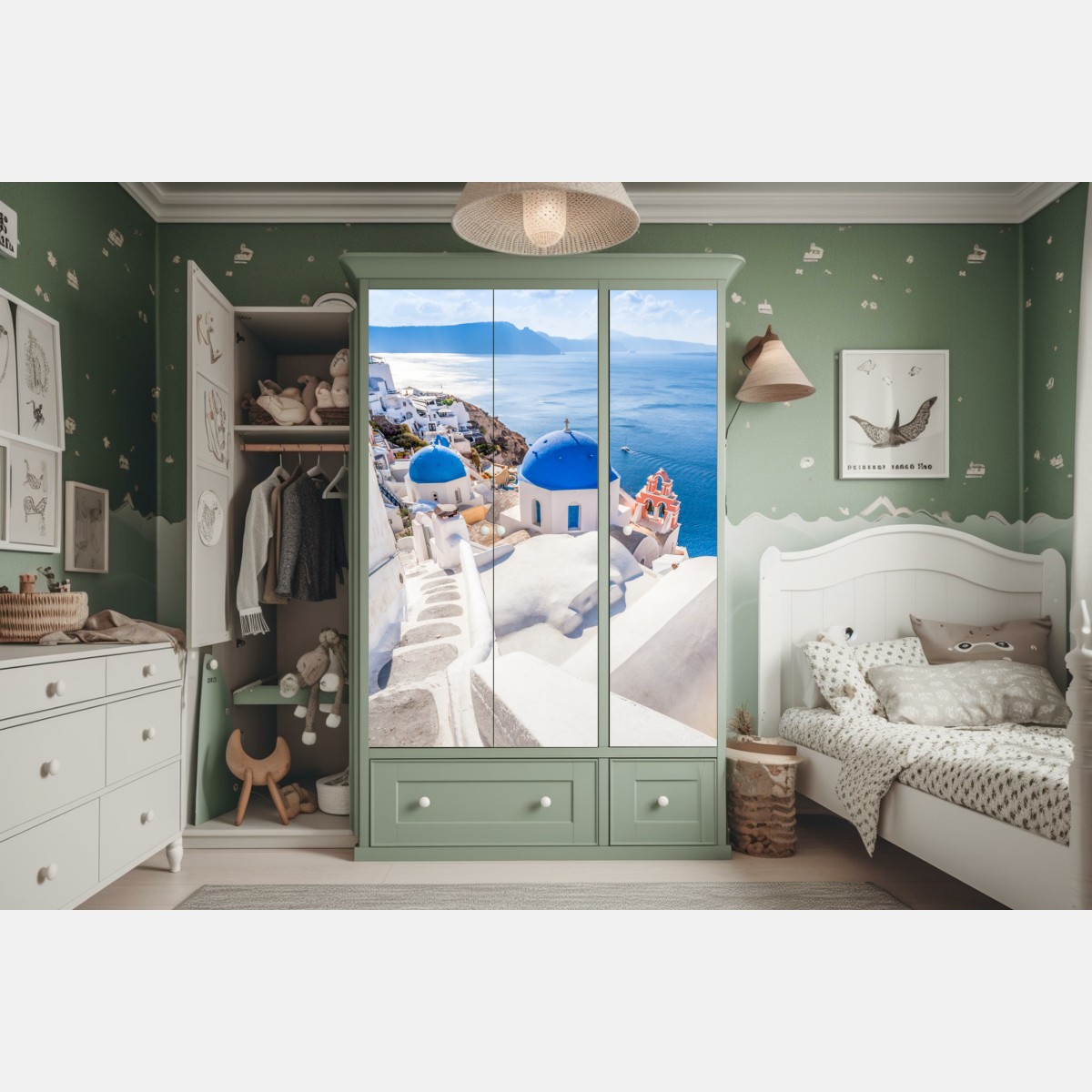 Schrankaufkleber sonniges Santorini blaue kuppeln und meerblick – Wallnifity® Schrankaufkleber sonniges Santorini blaue kuppeln und meerblick – Wallnifity®