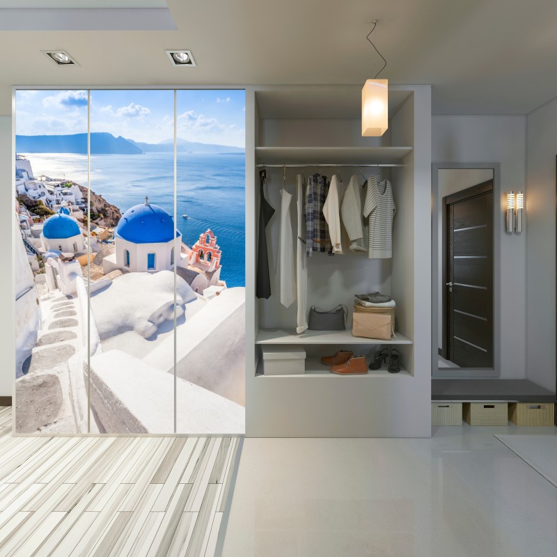 Schrankaufkleber sonniges Santorini blaue kuppeln und meerblick – Wallnifity® Schrankaufkleber sonniges Santorini blaue kuppeln und meerblick – Wallnifity®