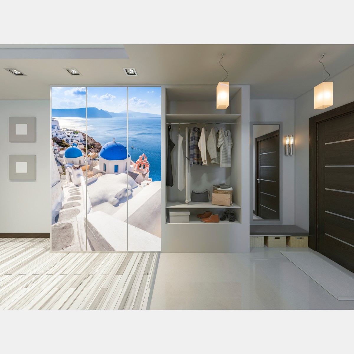 Schrankaufkleber sonniges Santorini blaue kuppeln und meerblick – Wallnifity® Schrankaufkleber sonniges Santorini blaue kuppeln und meerblick – Wallnifity®