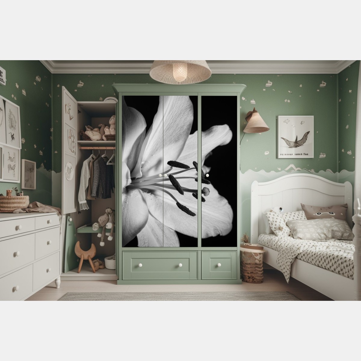 Schrankaufkleber monochrome lilie nahaufnahme – Wallnifity® Schrankaufkleber monochrome lilie nahaufnahme – Wallnifity®