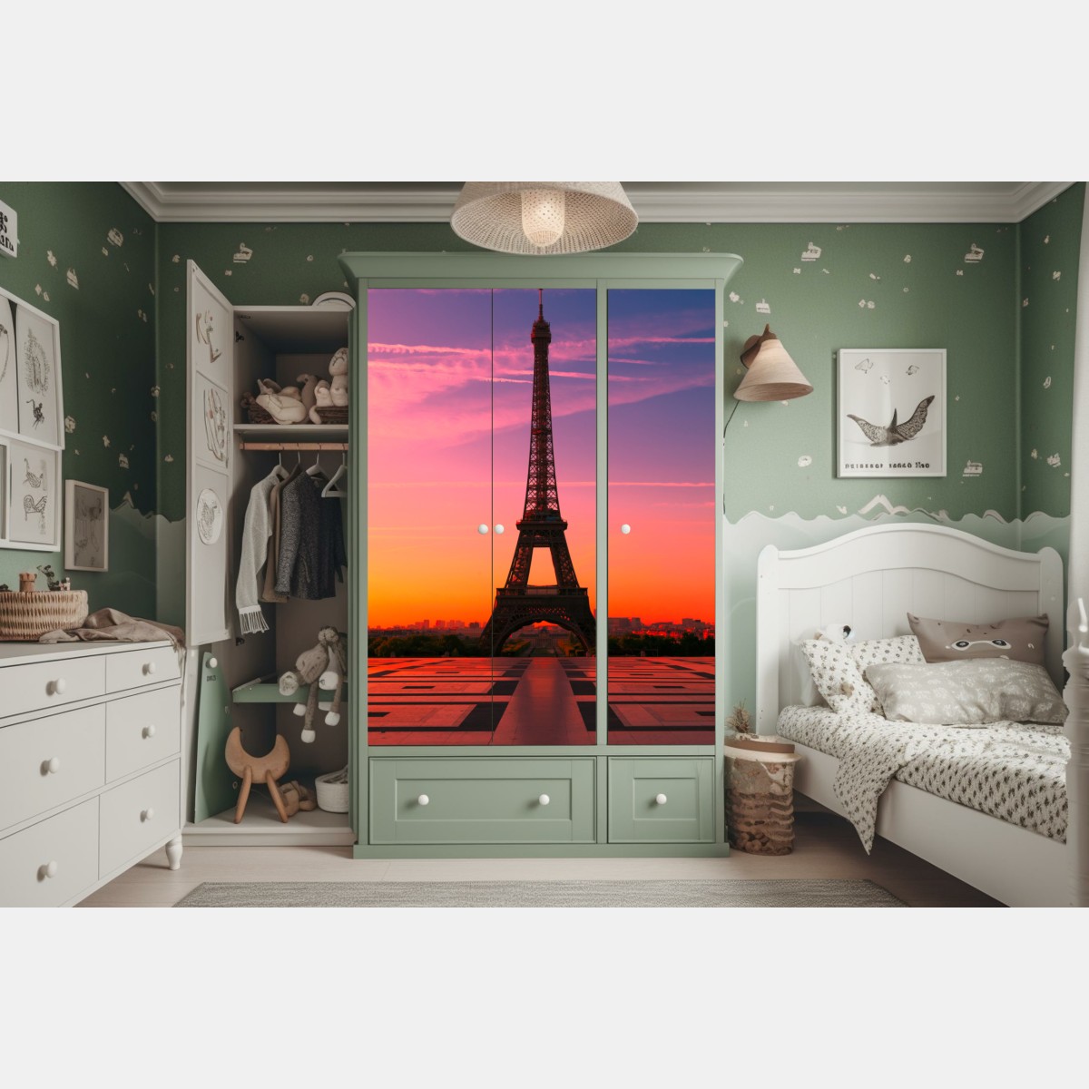 Schrankaufkleber sonnenaufgang über dem Eiffelturm – Wallnifity®