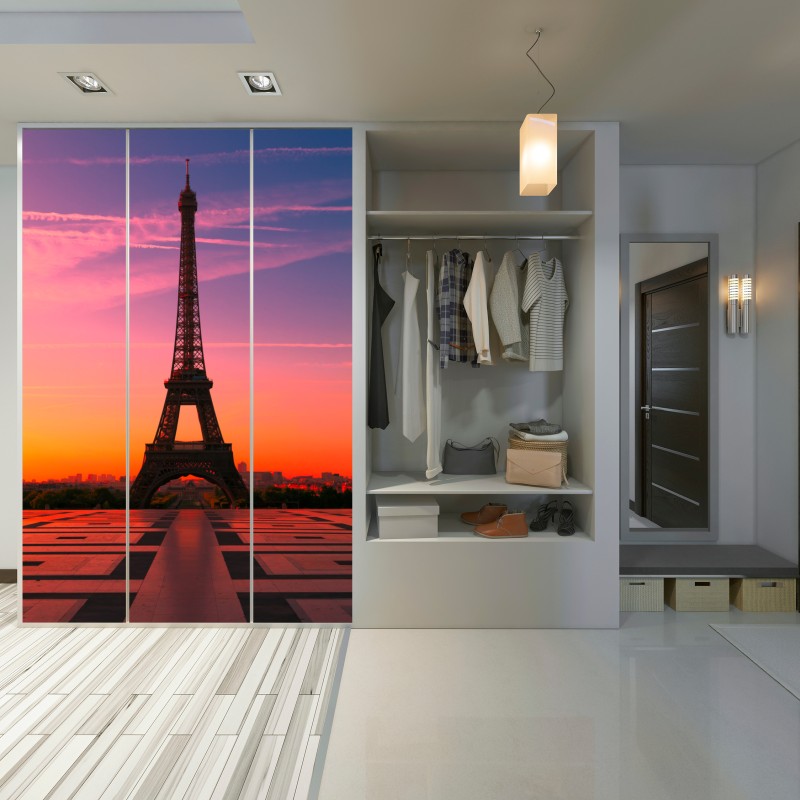 Schrankaufkleber sonnenaufgang über dem Eiffelturm – Wallnifity®