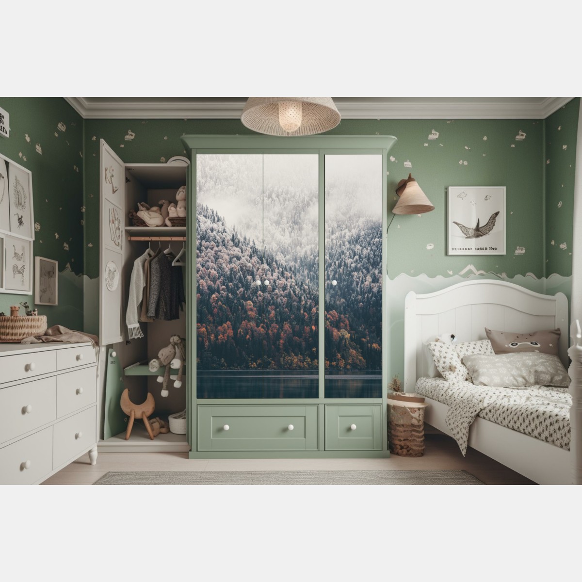 Schrankaufkleber herbstlicher nebel über bergwald – Wallnifity® Schrankaufkleber herbstlicher nebel über bergwald – Wallnifity®