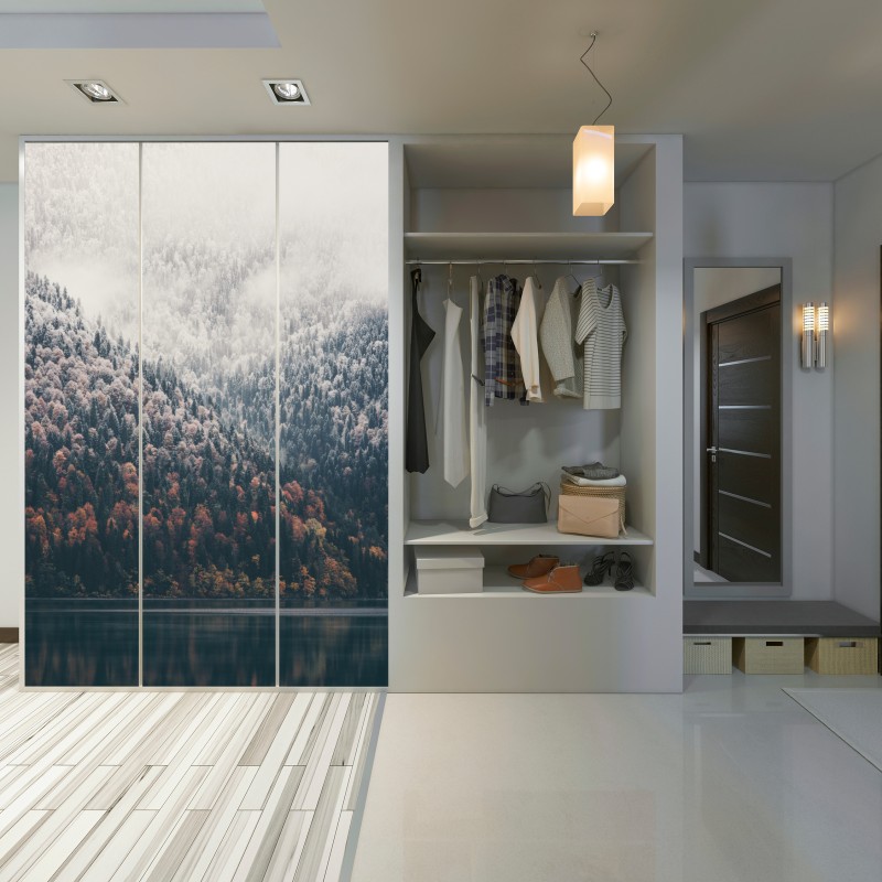 Schrankaufkleber herbstlicher nebel über bergwald – Wallnifity® Schrankaufkleber herbstlicher nebel über bergwald – Wallnifity®