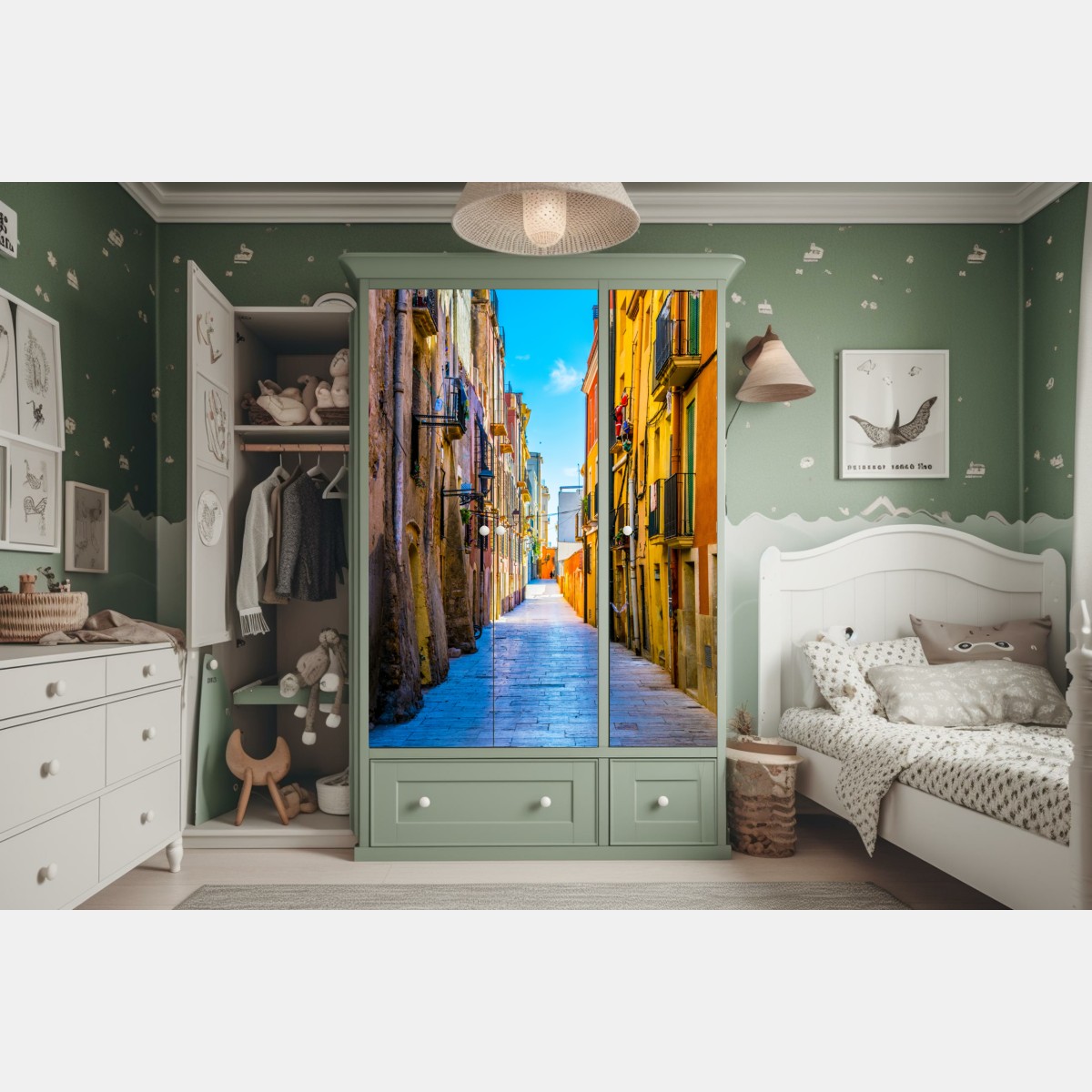 Schrankaufkleber sonnenbeschienene mediterrane gasse mit bunten fassaden – Wallnifity® Schrankaufkleber sonnenbeschienene mediterrane gasse mit bunten fassaden – Wallnifity®