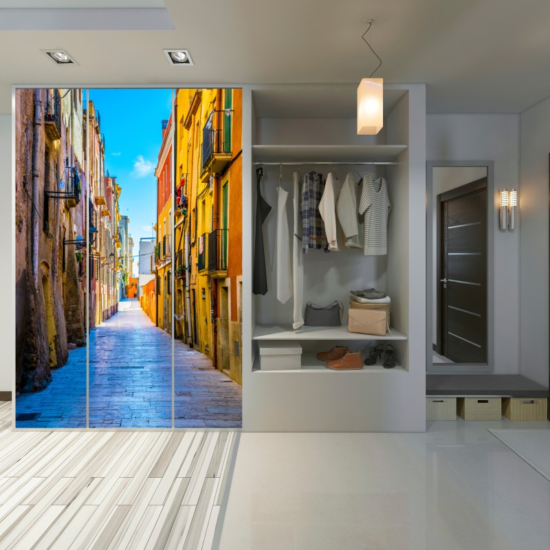 Schrankaufkleber sonnenbeschienene mediterrane gasse mit bunten fassaden – Wallnifity® Schrankaufkleber sonnenbeschienene mediterrane gasse mit bunten fassaden – Wallnifity®