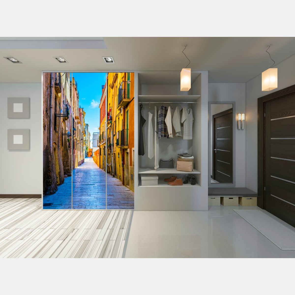 Schrankaufkleber sonnenbeschienene mediterrane gasse mit bunten fassaden – Wallnifity® Schrankaufkleber sonnenbeschienene mediterrane gasse mit bunten fassaden – Wallnifity®