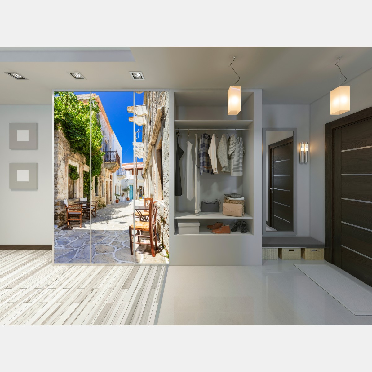 Schrankaufkleber sonnenbeschienene mediterrane gasse mit caféstühlen – Wallnifity® Schrankaufkleber sonnenbeschienene mediterrane gasse mit caféstühlen – Wallnifity®