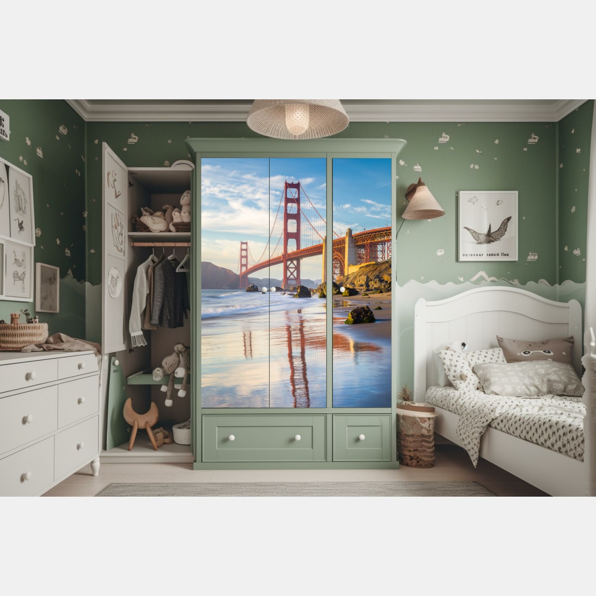 Schrankaufkleber Golden Gate Bridge reflektiert am strand – Wallnifity® Schrankaufkleber Golden Gate Bridge reflektiert am strand – Wallnifity®