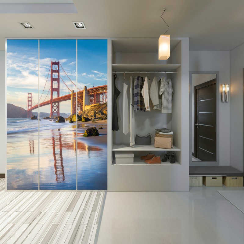 Schrankaufkleber Golden Gate Bridge reflektiert am strand – Wallnifity® Schrankaufkleber Golden Gate Bridge reflektiert am strand – Wallnifity®