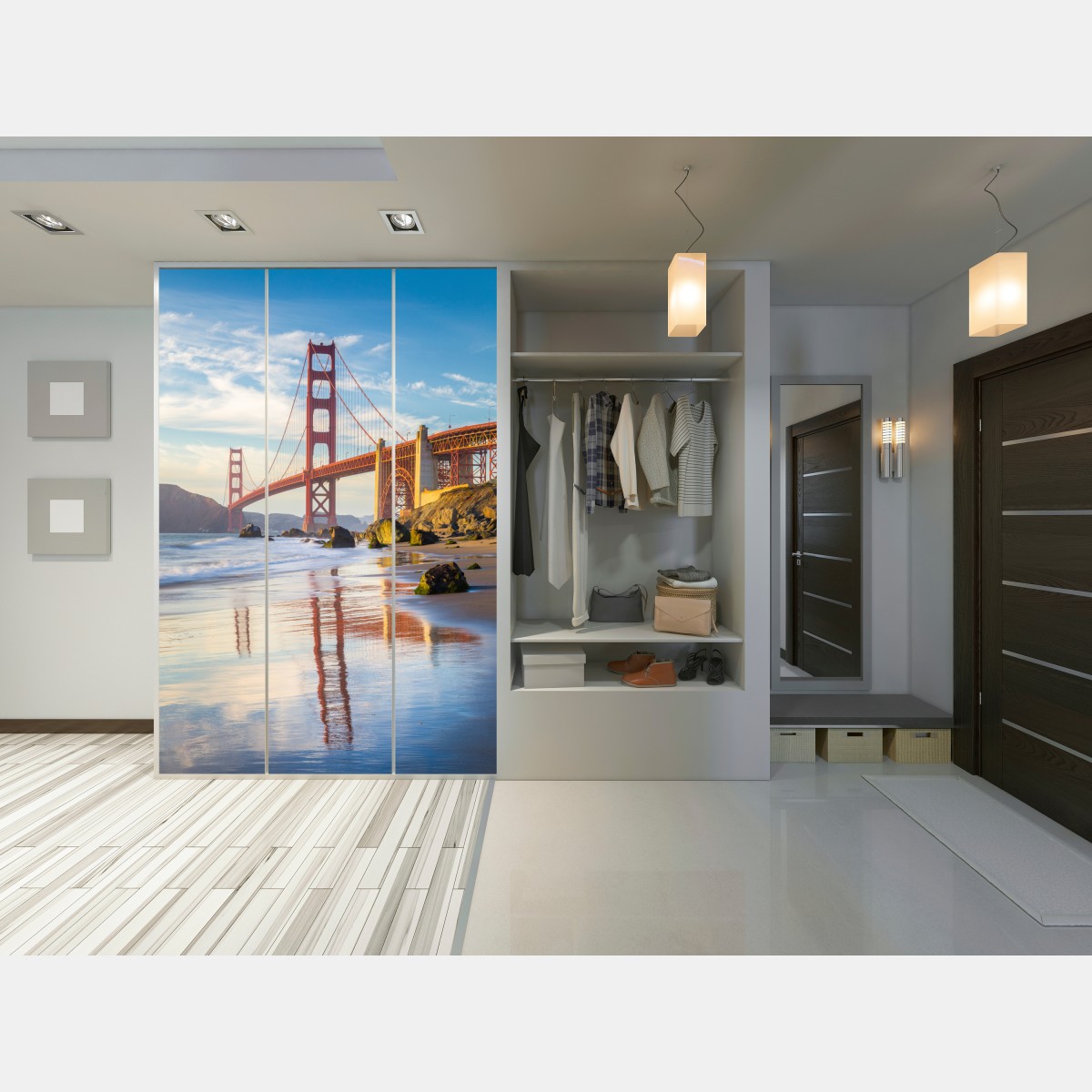 Schrankaufkleber Golden Gate Bridge reflektiert am strand – Wallnifity® Schrankaufkleber Golden Gate Bridge reflektiert am strand – Wallnifity®