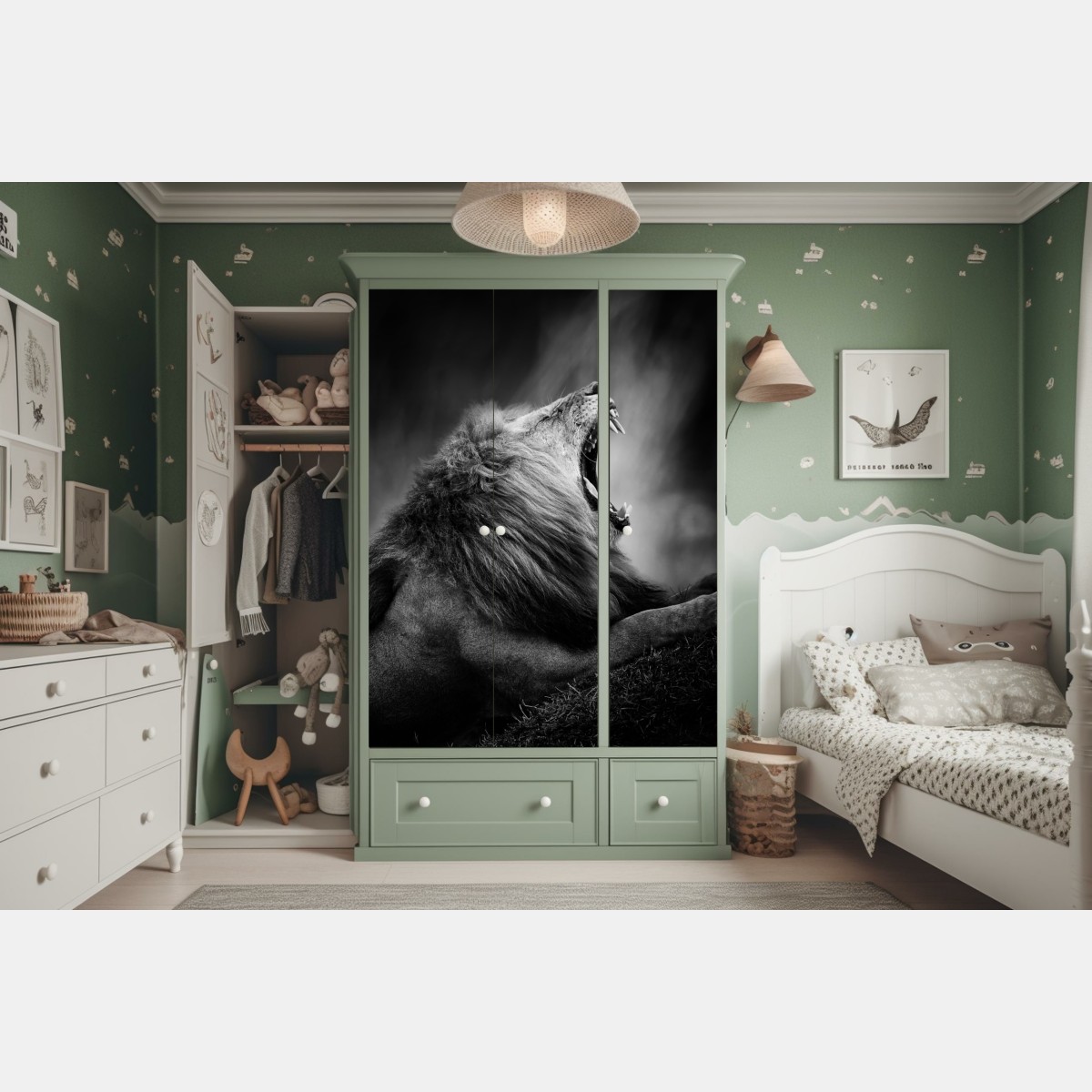 Schrankaufkleber majestätischer brüllender löwe in monochrom – Wallnifity® Schrankaufkleber majestätischer brüllender löwe in monochrom – Wallnifity®