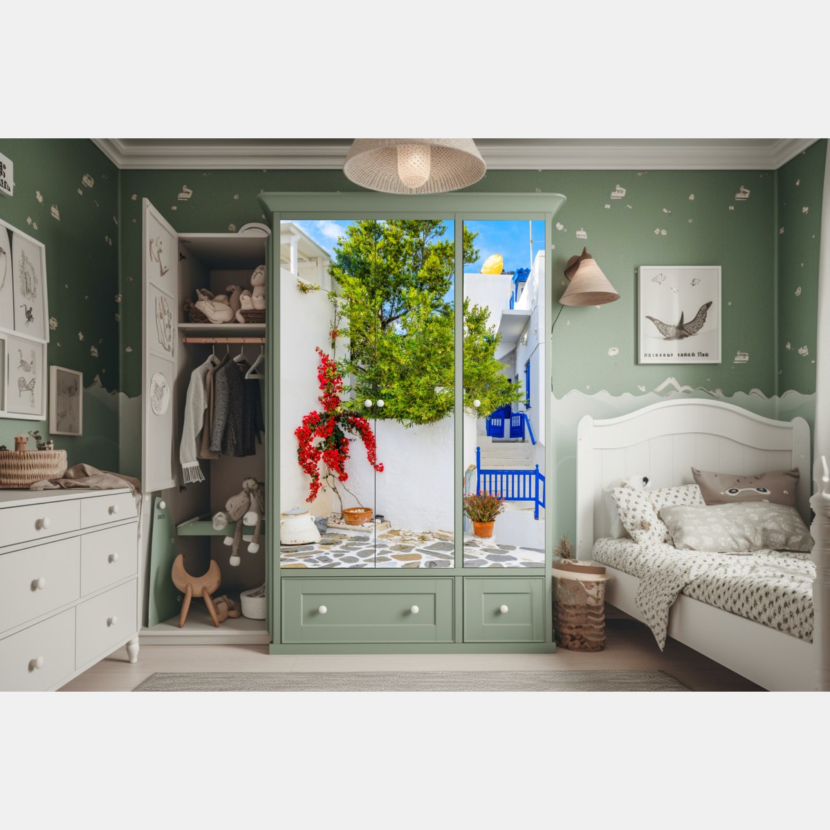 Schrankaufkleber sonniger mediterraner innenhof mit bougainvillea – Wallnifity® Schrankaufkleber sonniger mediterraner innenhof mit bougainvillea – Wallnifity®