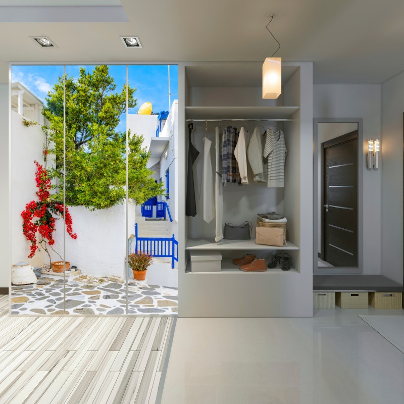 Schrankaufkleber sonniger mediterraner innenhof mit bougainvillea – Wallnifity® Schrankaufkleber sonniger mediterraner innenhof mit bougainvillea – Wallnifity®