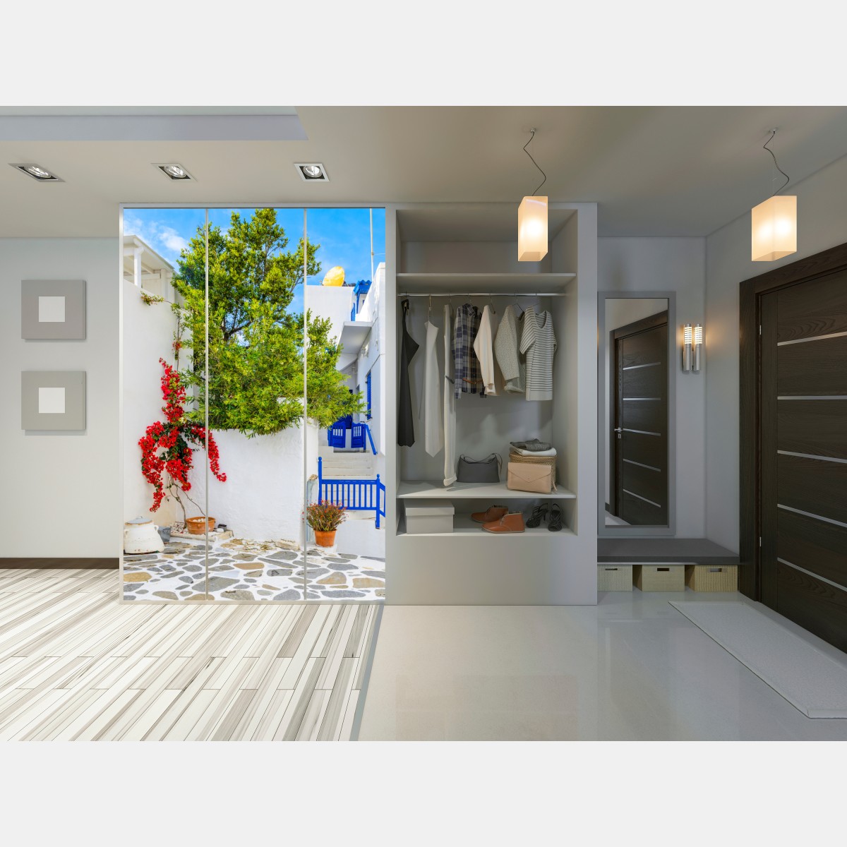 Schrankaufkleber sonniger mediterraner innenhof mit bougainvillea – Wallnifity® Schrankaufkleber sonniger mediterraner innenhof mit bougainvillea – Wallnifity®