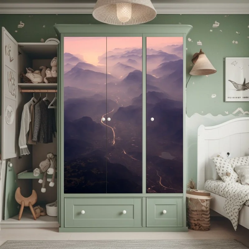 Schrankaufkleber nebliges pastell bergtal – Wallnifity® Schrankaufkleber nebliges pastell bergtal – Wallnifity®