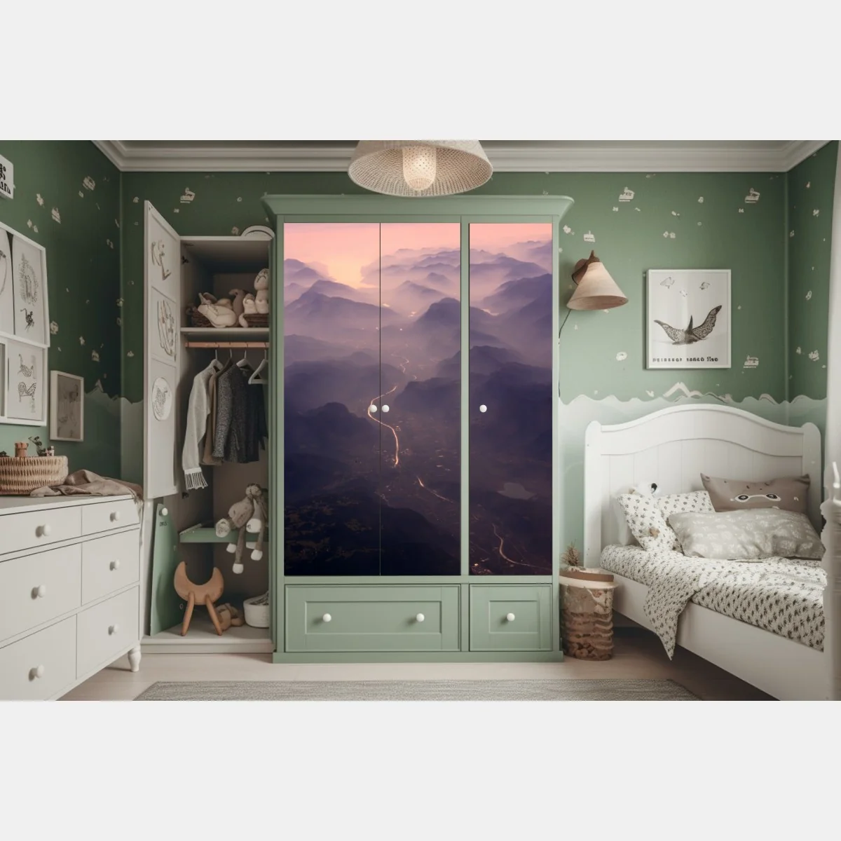 Schrankaufkleber nebliges pastell bergtal – Wallnifity® Schrankaufkleber nebliges pastell bergtal – Wallnifity®