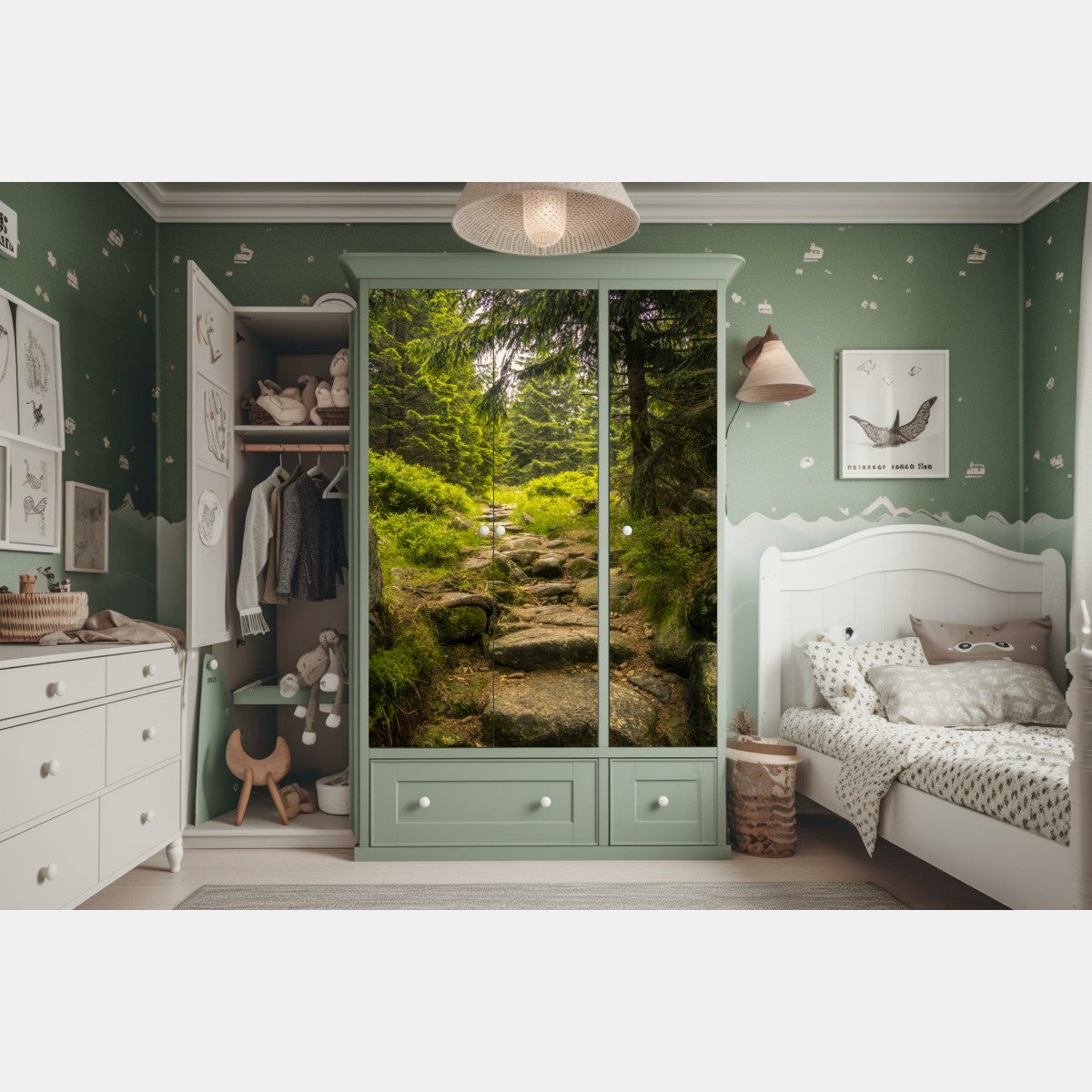 Schrankaufkleber ruhiger waldweg durch nadelwald – Wallnifity® Schrankaufkleber ruhiger waldweg durch nadelwald – Wallnifity®