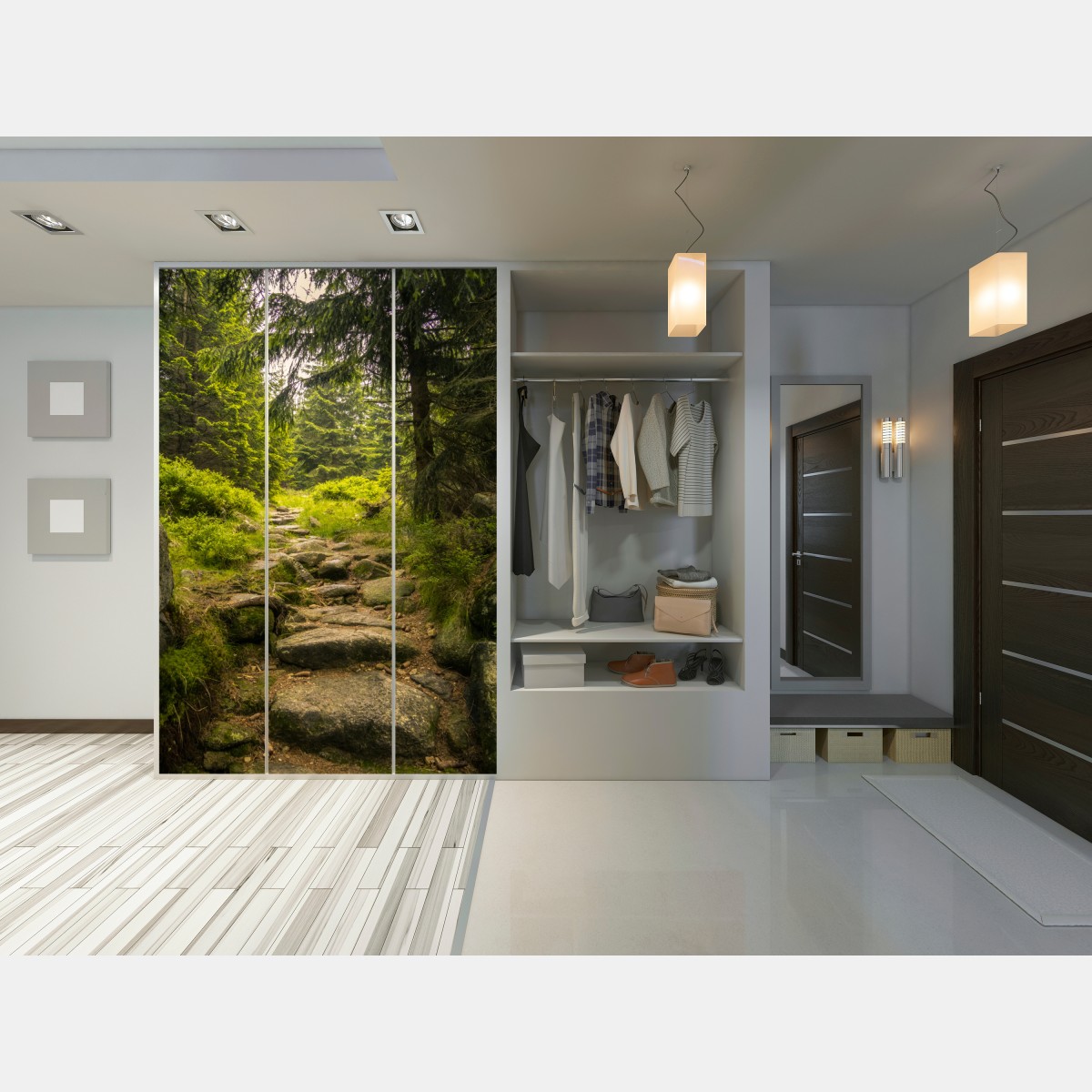 Schrankaufkleber ruhiger waldweg durch nadelwald – Wallnifity® Schrankaufkleber ruhiger waldweg durch nadelwald – Wallnifity®