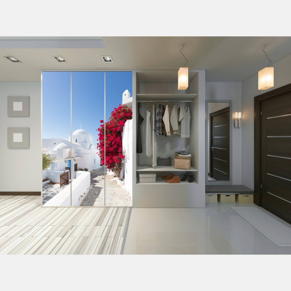 Schrankaufkleber sonnige gasse auf der insel mit leuchtender buganvillea – Wallnifity® Schrankaufkleber sonnige gasse auf der insel mit leuchtender buganvillea – Wallnifity®