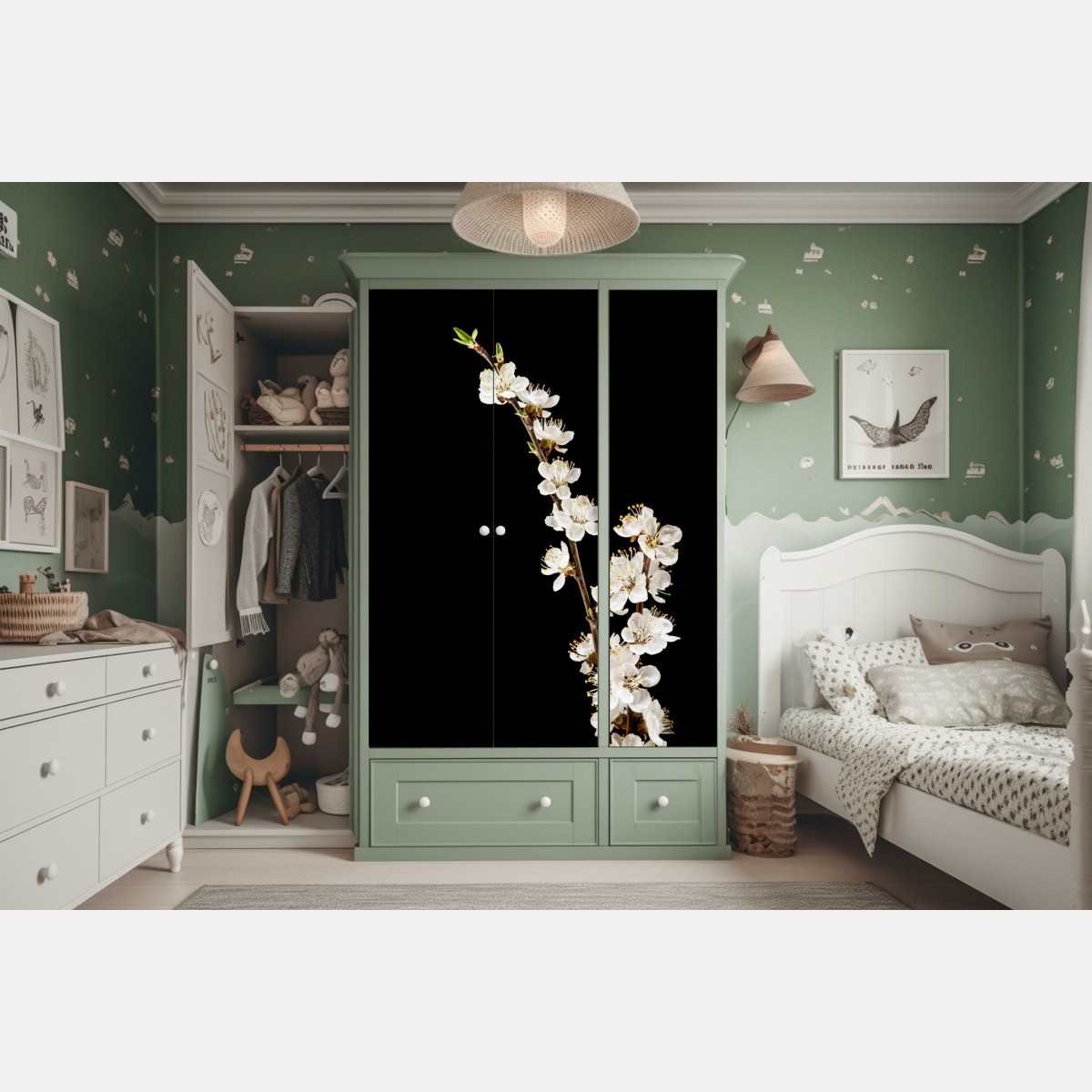 Schrankaufkleber zarter zweig mit aprikosenblüten auf schwarzem hintergrund – Wallnifity® Schrankaufkleber zarter zweig mit aprikosenblüten auf schwarzem hintergrund – Wallnifity®