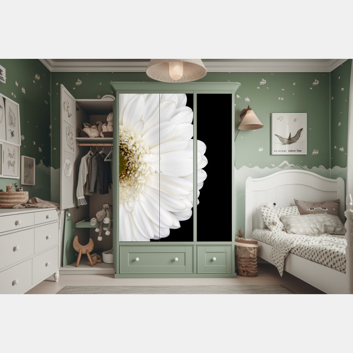 Schrankaufkleber weiße gerbera auf schwarzem hintergrund minimalistische nahaufnahme – Wallnifity® Schrankaufkleber weiße gerbera auf schwarzem hintergrund minimalistische nahaufnahme – Wallnifity®
