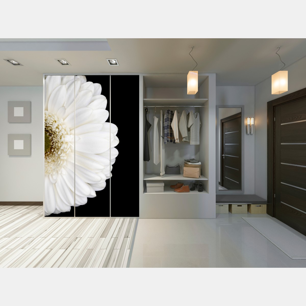 Schrankaufkleber weiße gerbera auf schwarzem hintergrund minimalistische nahaufnahme – Wallnifity® Schrankaufkleber weiße gerbera auf schwarzem hintergrund minimalistische nahaufnahme – Wallnifity®
