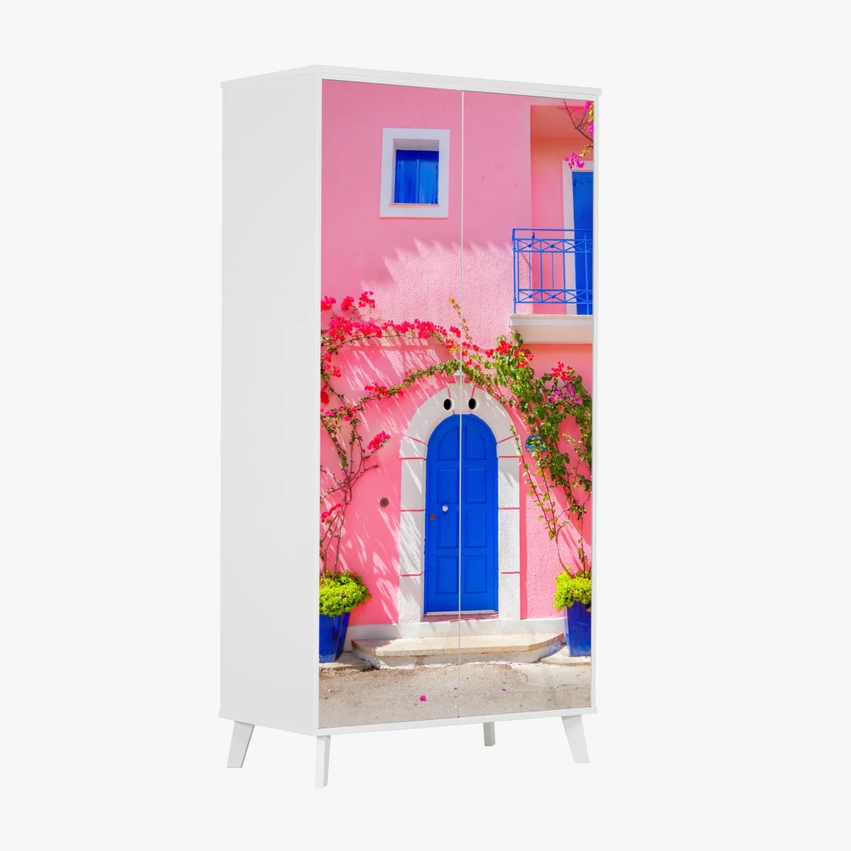 Schrankaufkleber leuchtende rosa fassade mit blauer tür – Wallnifity® Schrankaufkleber leuchtende rosa fassade mit blauer tür – Wallnifity®