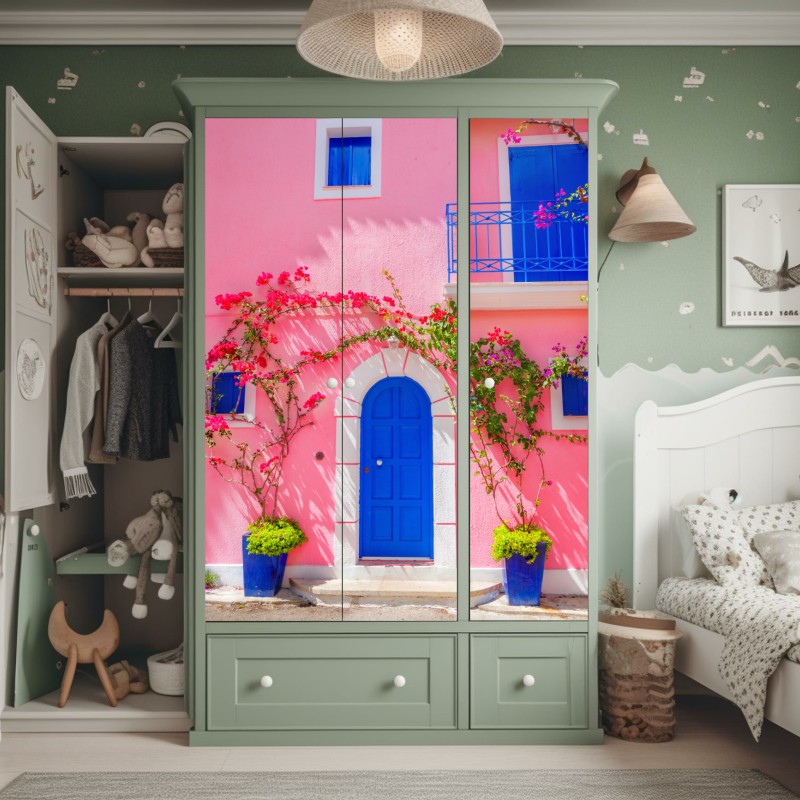 Schrankaufkleber leuchtende rosa fassade mit blauer tür – Wallnifity® Schrankaufkleber leuchtende rosa fassade mit blauer tür – Wallnifity®