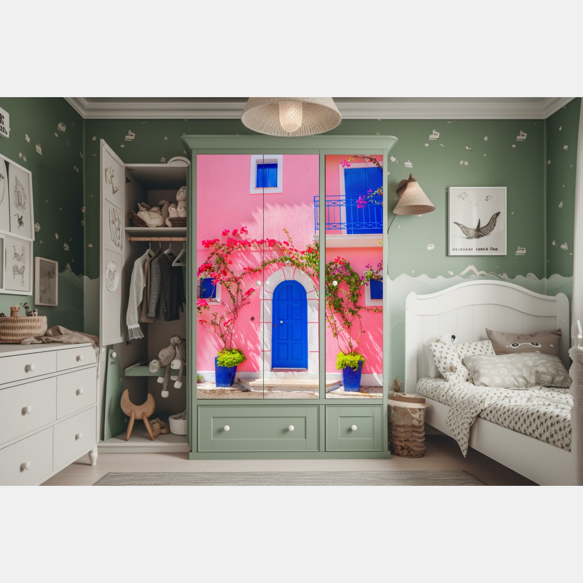 Schrankaufkleber leuchtende rosa fassade mit blauer tür – Wallnifity® Schrankaufkleber leuchtende rosa fassade mit blauer tür – Wallnifity®