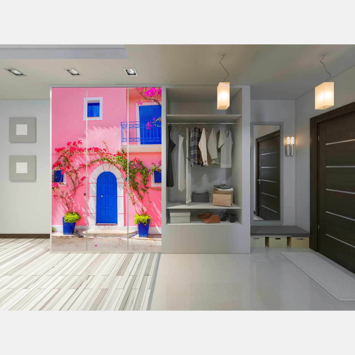 Schrankaufkleber leuchtende rosa fassade mit blauer tür – Wallnifity® Schrankaufkleber leuchtende rosa fassade mit blauer tür – Wallnifity®