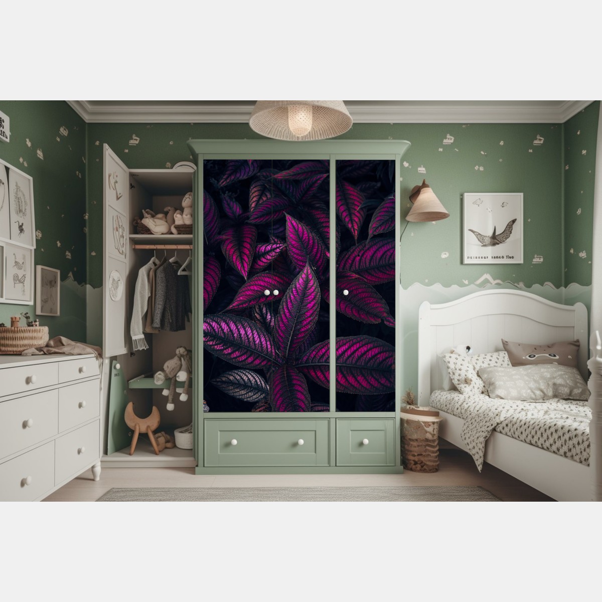 Schrankaufkleber leuchtendes violettes blättermotiv – Wallnifity® Schrankaufkleber leuchtendes violettes blättermotiv – Wallnifity®