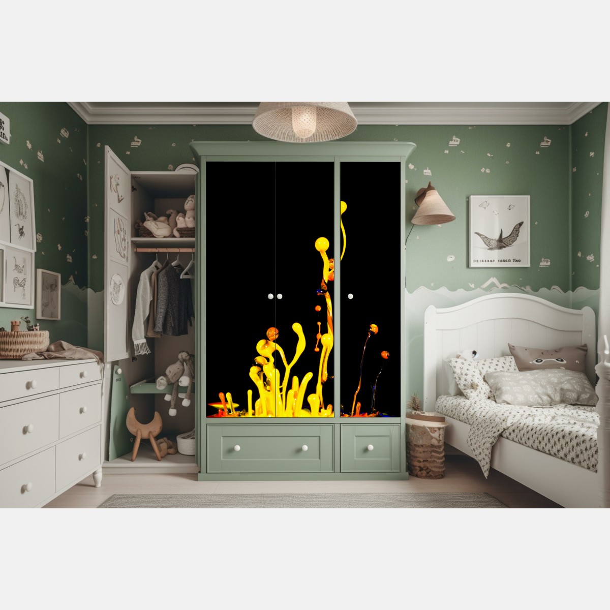 Schrankaufkleber leuchtender gelber farbspritzer auf schwarzem hintergrund – Wallnifity® Schrankaufkleber leuchtender gelber farbspritzer auf schwarzem hintergrund – Wallnifity®