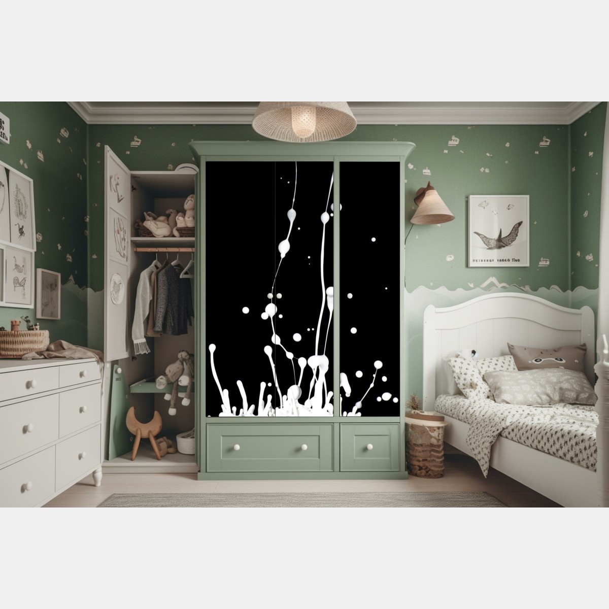 Schrankaufkleber weiße flüssigkeitsspritzer auf schwarzem hintergrund – Wallnifity®