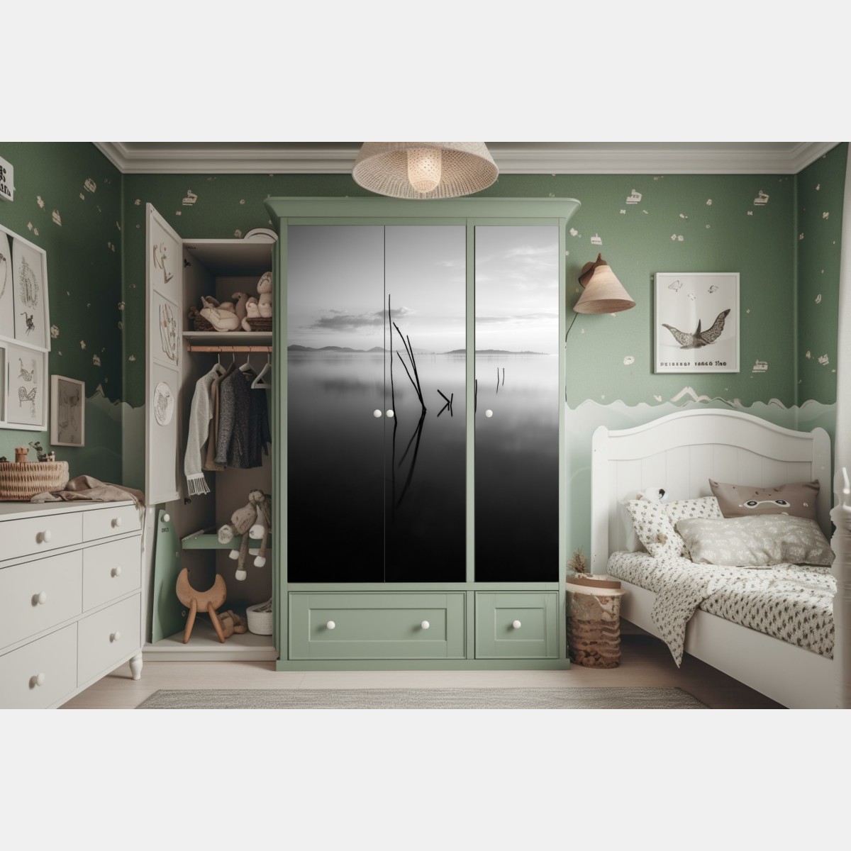 Schrankaufkleber ruhiger monochromer see mit reflexionen – Wallnifity® Schrankaufkleber ruhiger monochromer see mit reflexionen – Wallnifity®