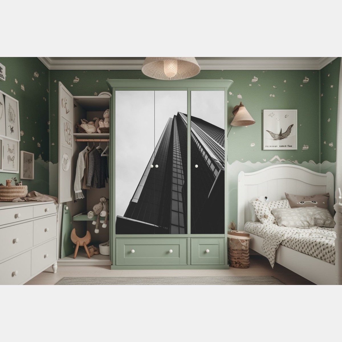 Schrankaufkleber monochromer wolkenkratzer in perspektive – Wallnifity®