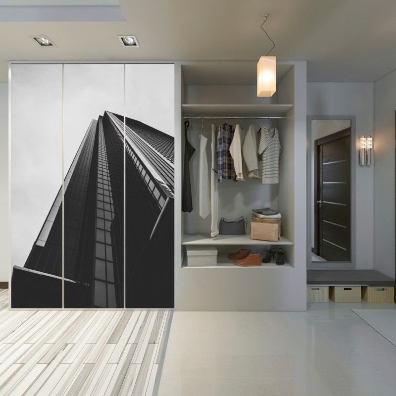 Schrankaufkleber monochromer wolkenkratzer in perspektive – Wallnifity®