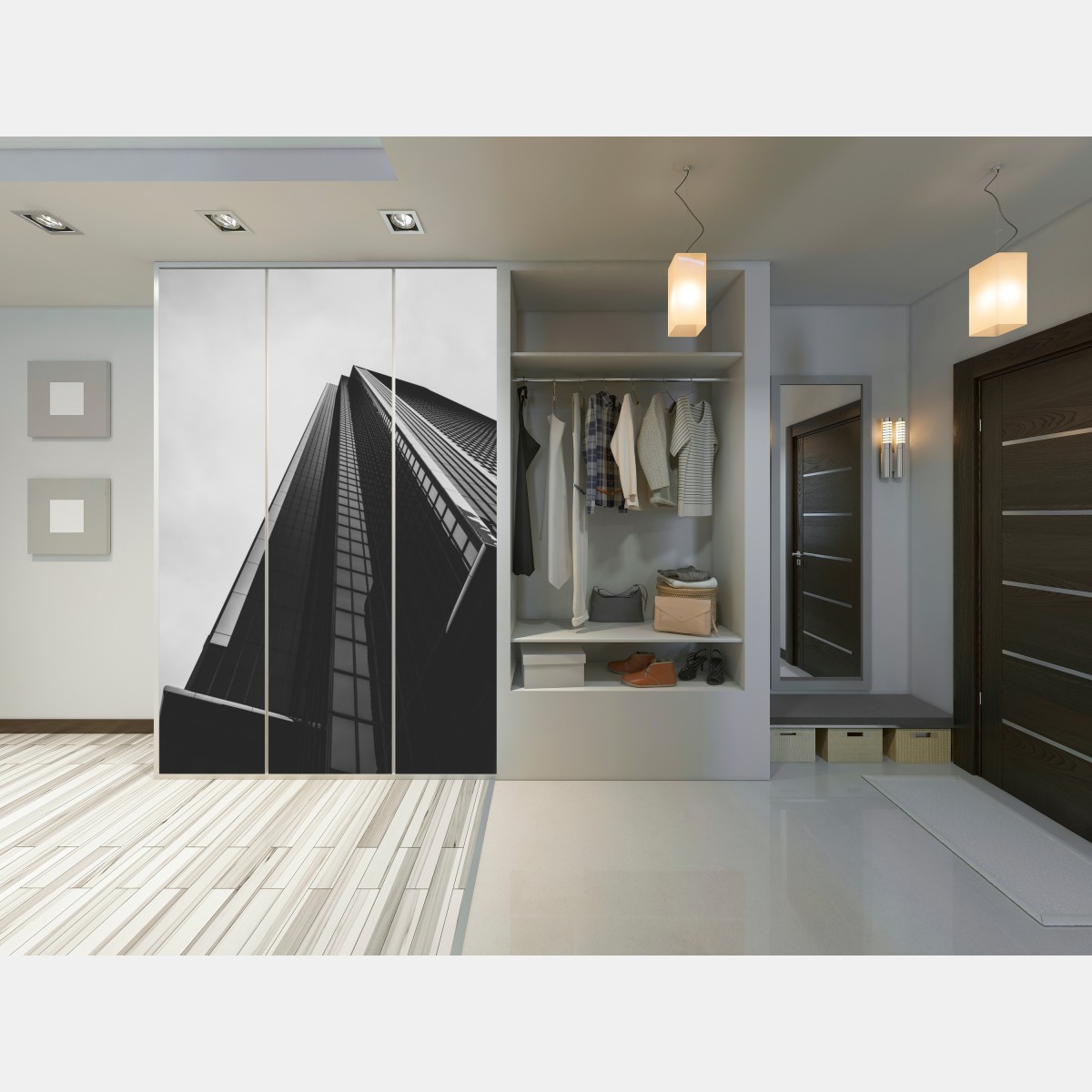 Schrankaufkleber monochromer wolkenkratzer in perspektive – Wallnifity®