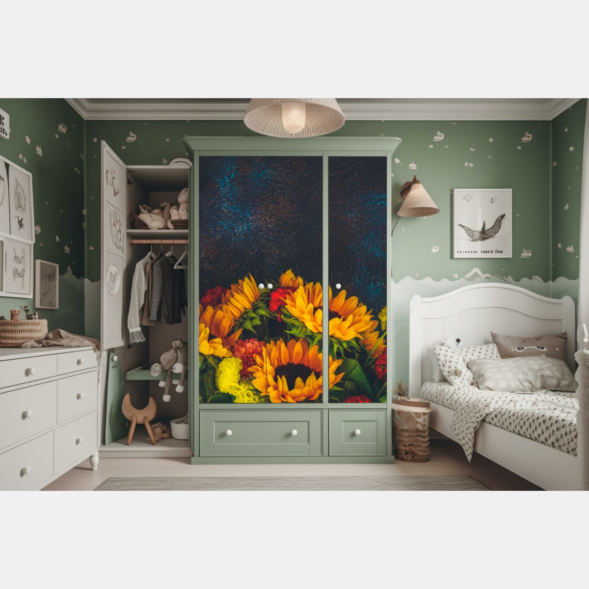 Schrankaufkleber lebendiger sonnenblumenstrauß vor dunklem hintergrund – Wallnifity® Schrankaufkleber lebendiger sonnenblumenstrauß vor dunklem hintergrund – Wallnifity®