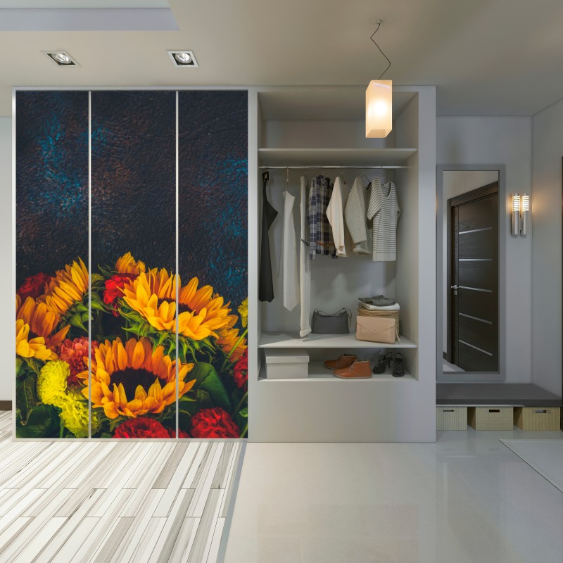 Schrankaufkleber lebendiger sonnenblumenstrauß vor dunklem hintergrund – Wallnifity® Schrankaufkleber lebendiger sonnenblumenstrauß vor dunklem hintergrund – Wallnifity®
