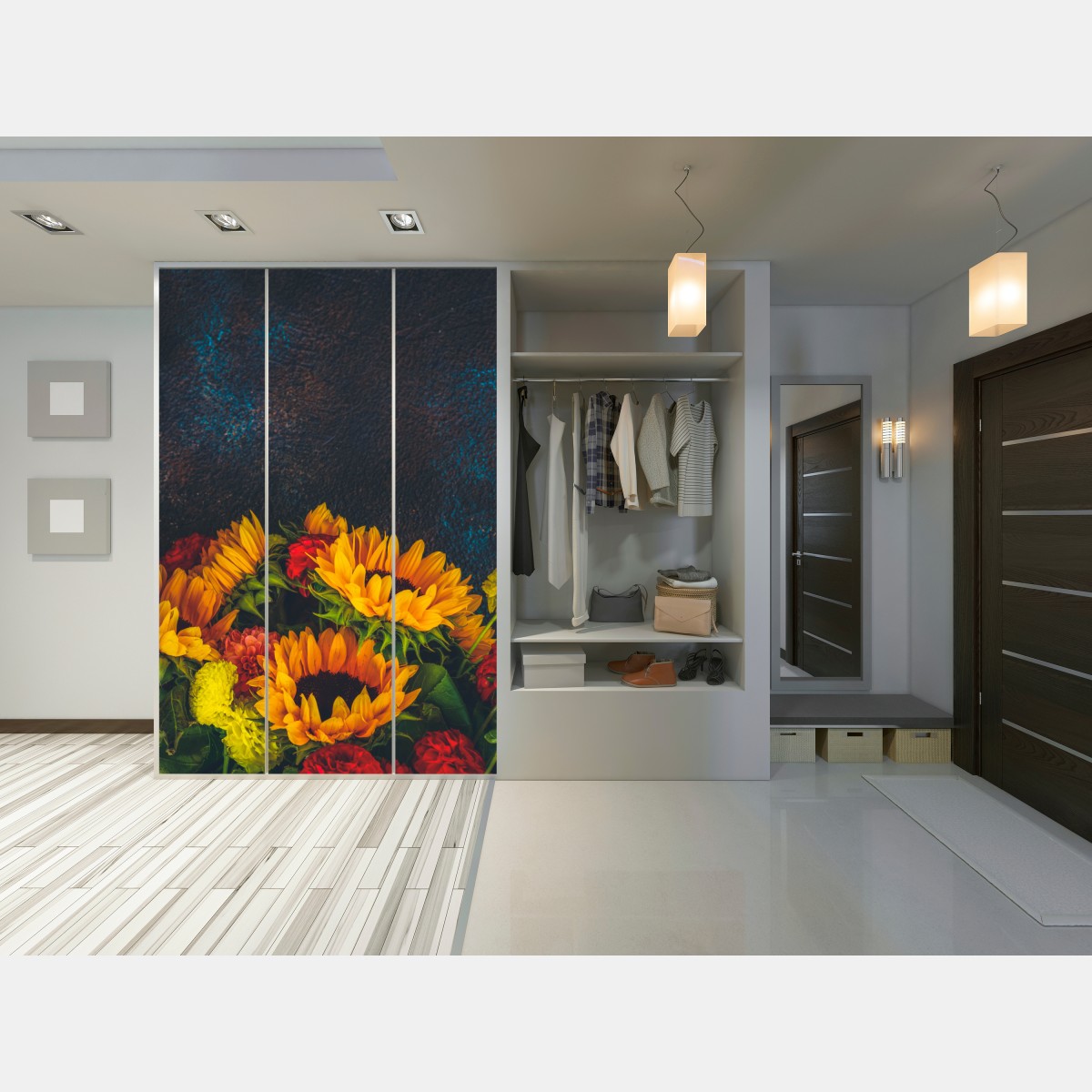 Schrankaufkleber lebendiger sonnenblumenstrauß vor dunklem hintergrund – Wallnifity® Schrankaufkleber lebendiger sonnenblumenstrauß vor dunklem hintergrund – Wallnifity®