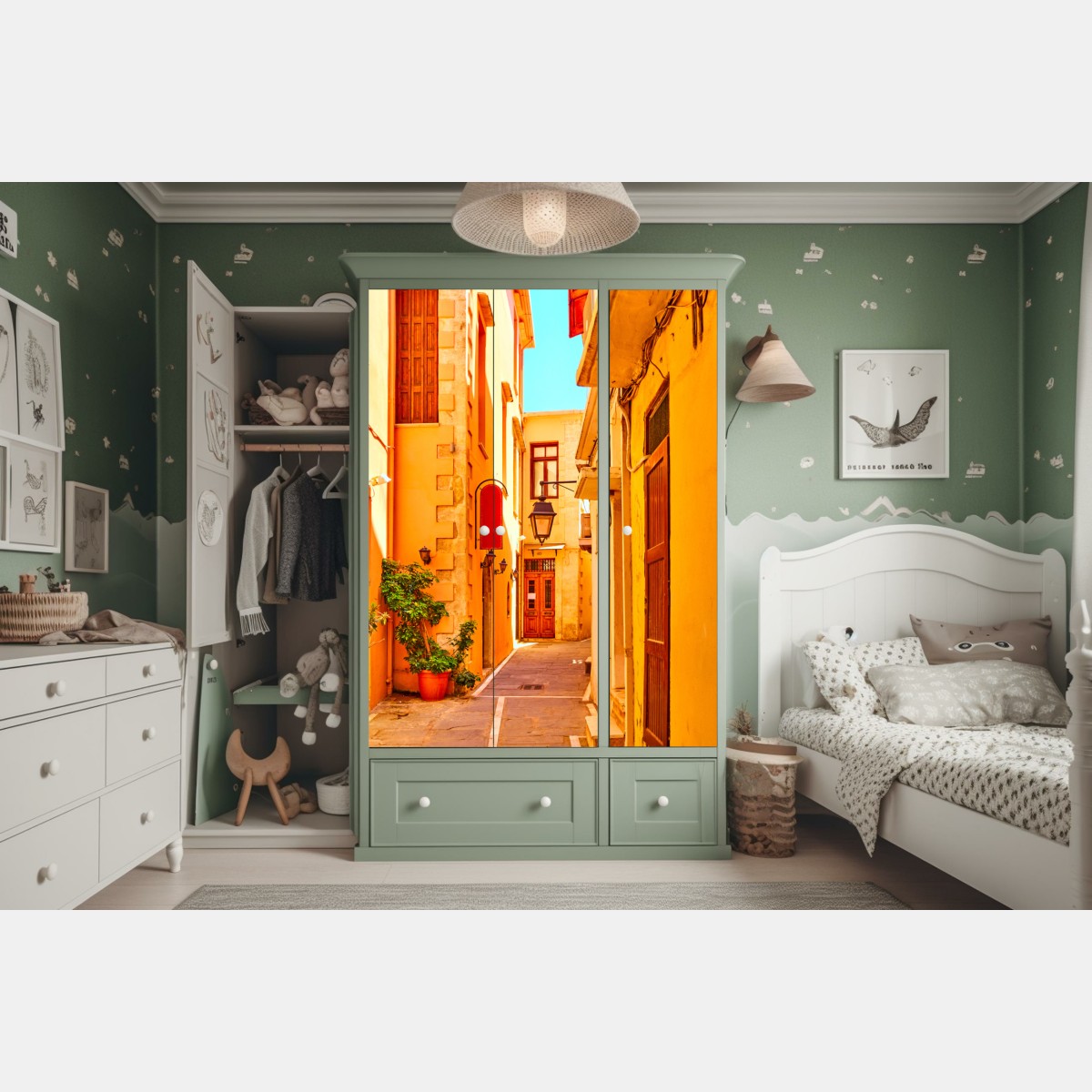 Schrankaufkleber sonnige gelbe gasse in Rethymno, Kreta – Wallnifity® Schrankaufkleber sonnige gelbe gasse in Rethymno, Kreta – Wallnifity®