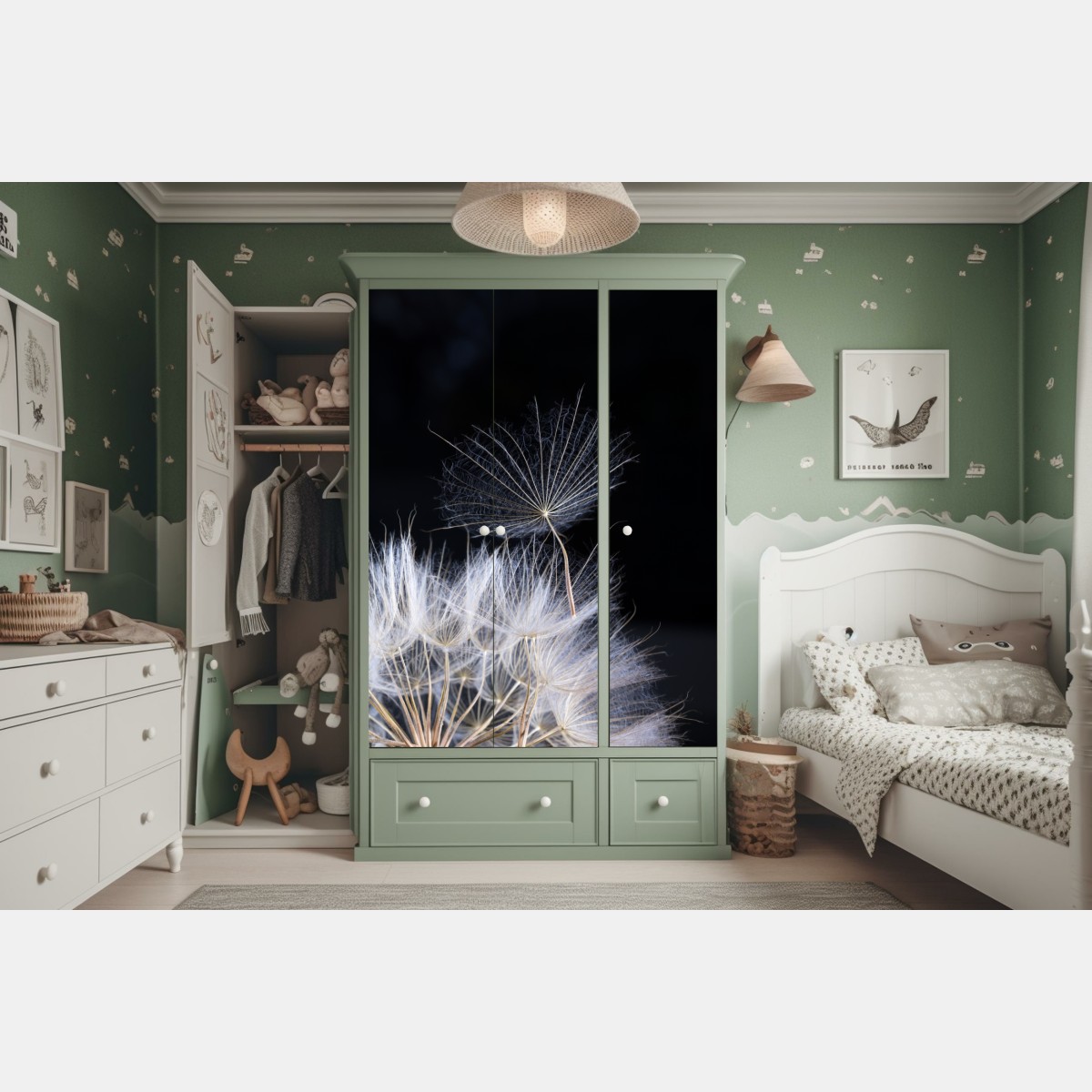 Schrankaufkleber zarter löwenzahnsamen auf schwarzem hintergrund – Wallnifity® Schrankaufkleber zarter löwenzahnsamen auf schwarzem hintergrund – Wallnifity®