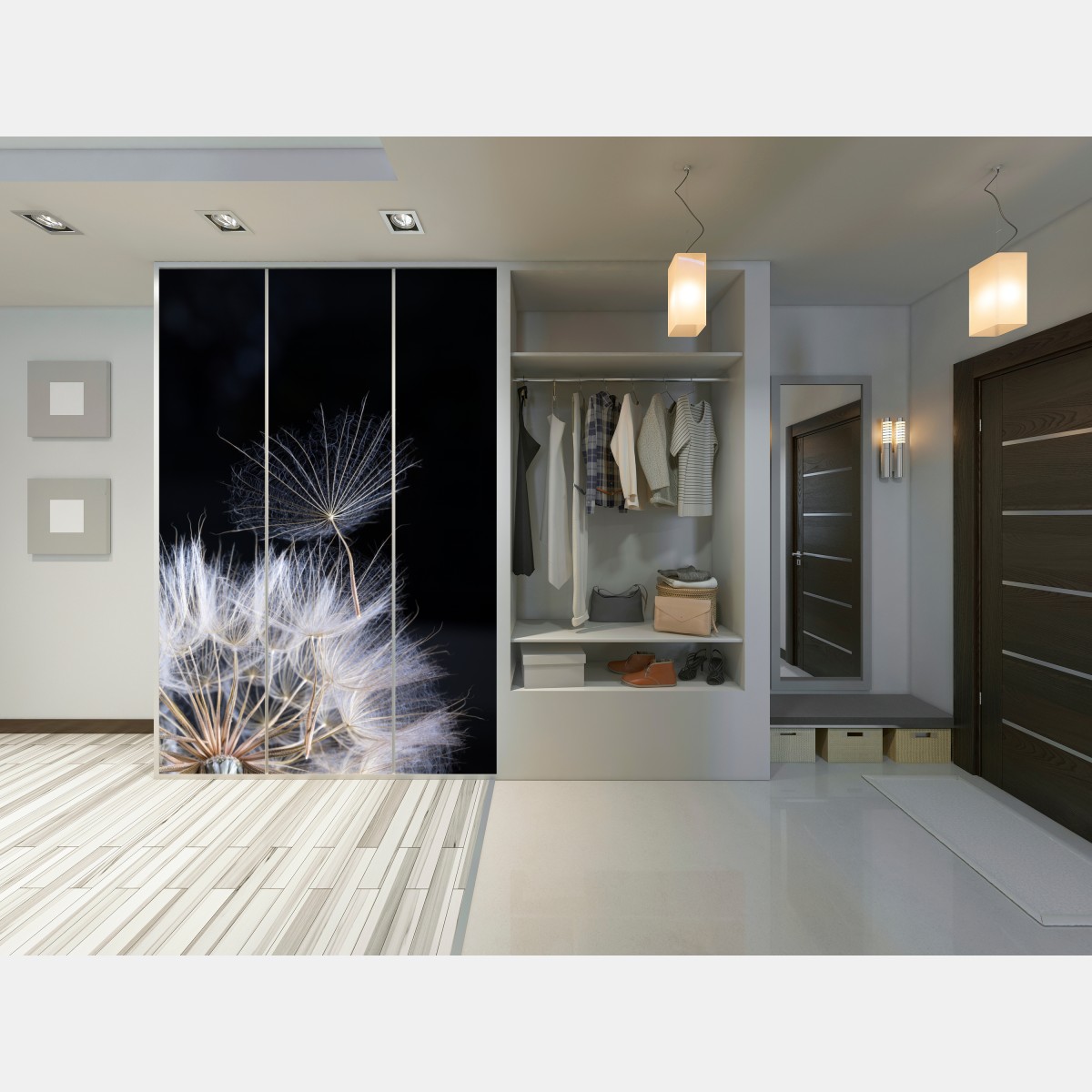 Schrankaufkleber zarter löwenzahnsamen auf schwarzem hintergrund – Wallnifity® Schrankaufkleber zarter löwenzahnsamen auf schwarzem hintergrund – Wallnifity®