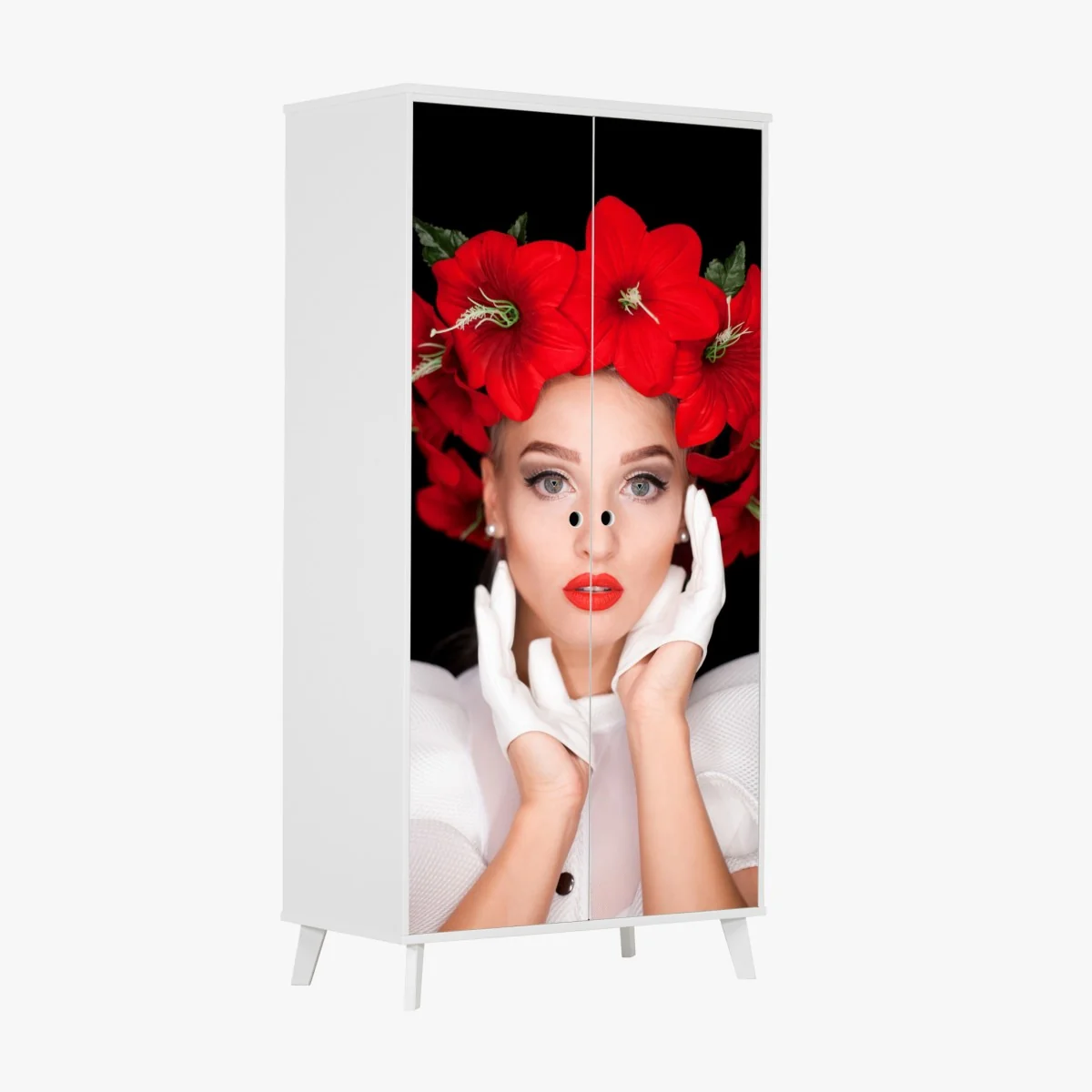 Schrankaufkleber elegantes porträt mit rotem blumenkranz – Wallnifity® Schrankaufkleber elegantes porträt mit rotem blumenkranz – Wallnifity®