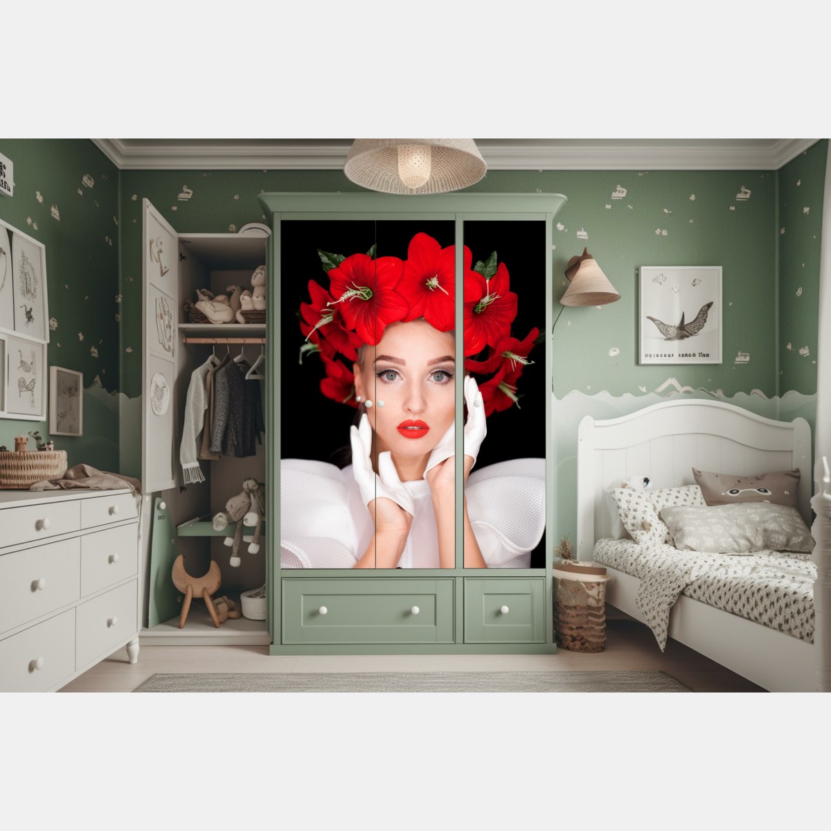 Schrankaufkleber elegantes porträt mit rotem blumenkranz – Wallnifity® Schrankaufkleber elegantes porträt mit rotem blumenkranz – Wallnifity®