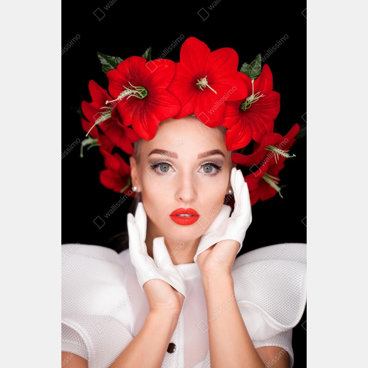 Schrankaufkleber elegantes porträt mit rotem blumenkranz – Wallnifity® Schrankaufkleber elegantes porträt mit rotem blumenkranz – Wallnifity®