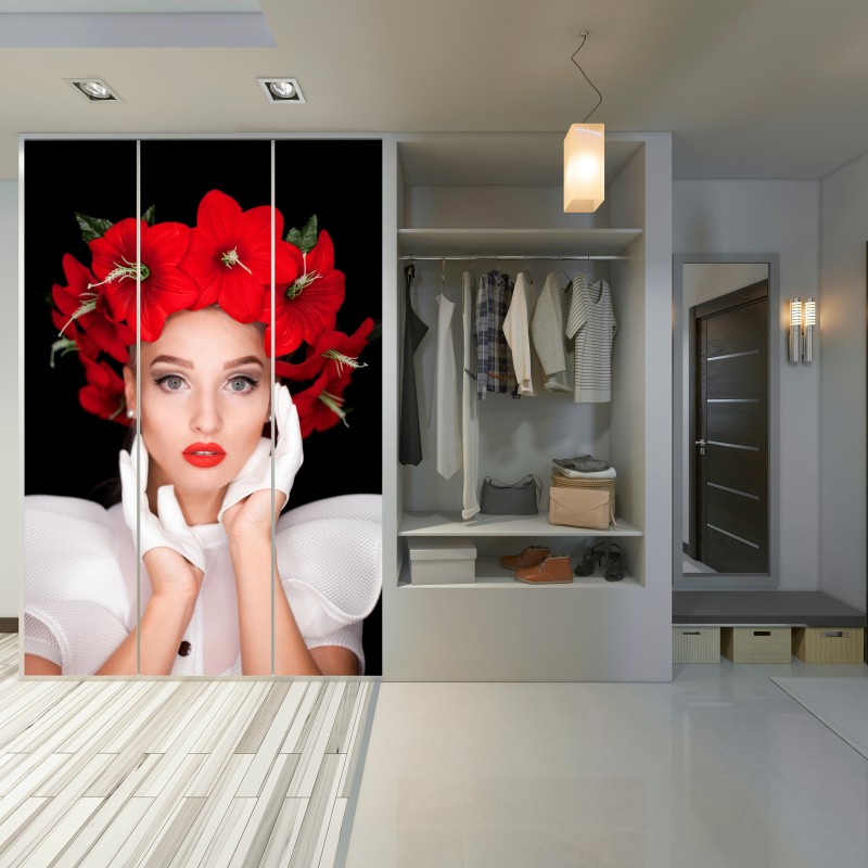 Schrankaufkleber elegantes porträt mit rotem blumenkranz – Wallnifity® Schrankaufkleber elegantes porträt mit rotem blumenkranz – Wallnifity®