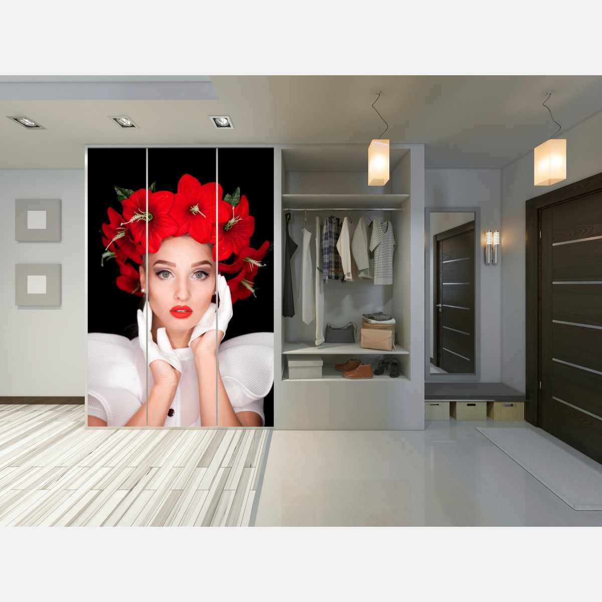 Schrankaufkleber elegantes porträt mit rotem blumenkranz – Wallnifity® Schrankaufkleber elegantes porträt mit rotem blumenkranz – Wallnifity®