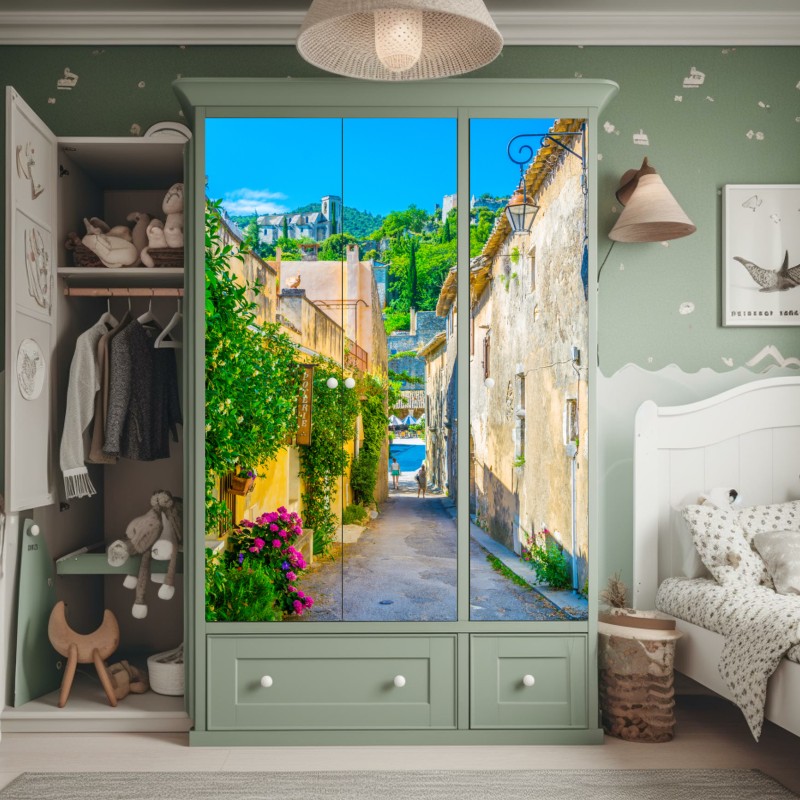 Schrankaufkleber treppe mit bougainvillea und grünen pflanzen – Wallnifity®